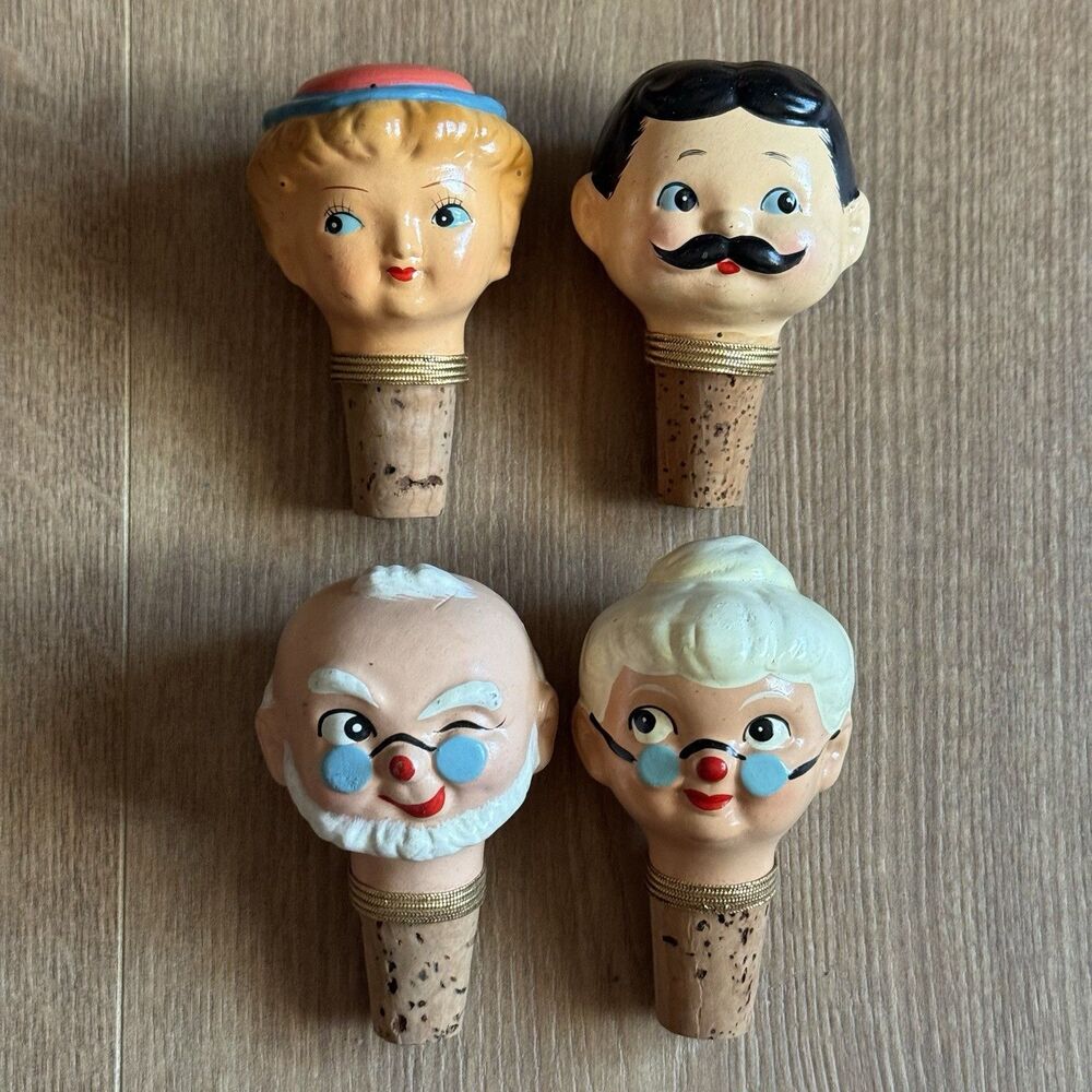 Vintage 60s Set Of 4 Enesco Japan Ceramic Heads Bottle Stoppers Corks